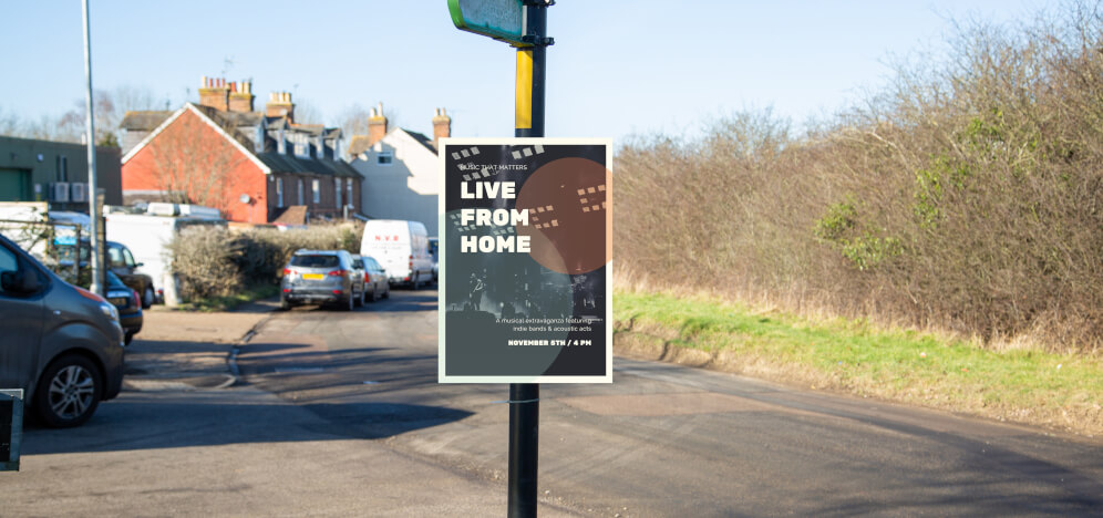 An outdoor display board, perhaps made from aluminium Di-bond.