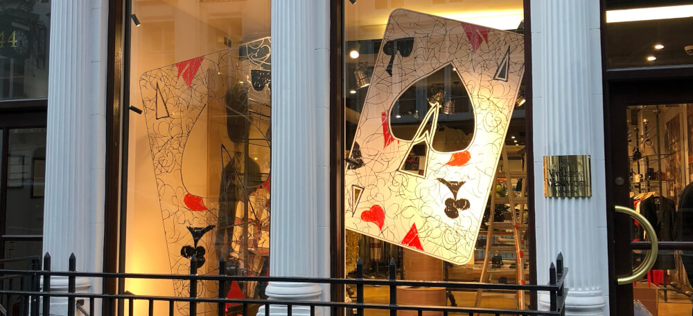 A fashionable window display, made from sustainable rigid media, known as Re-board.
